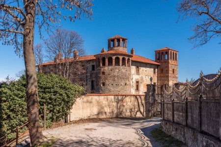 Photo for Costigliole Saluzzo, Cuneo, Italy - March 27, 2023: Panoramic view of the Reynaudi or Crotti Castle in Costigliole Saluzzo against a clear blue sky - Royalty Free Image