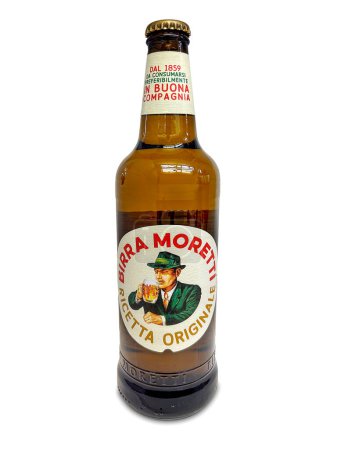 Photo for Italy - January 31, 2024: Birra Moretti original recipe in glass bottle isolated on white with clipping path included. Birra Moretti was founded in Udine, Italy in 1859 now owned by Heineken - Royalty Free Image