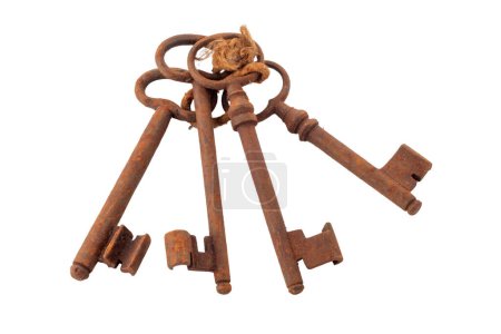 Rusty old keys. Four old keys tied with string. Vintage bunch of keys isolated on white with clipping path include
