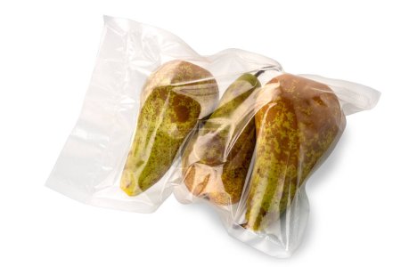 Pears in vacuum pack for sous vide cooking isolated on white with clipping path include
