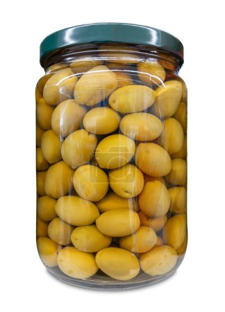 Large green pickled olives in glass jar with green cap isolated on white with clipping path included