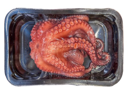 Gekochter gefrorener Oktopus in vakuumversiegelter schwarzer Plastikschale für Sous-Vide-Kochen isoliert auf weiß mit Clipping-Pfad