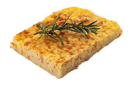 Slice of rice timbale with eggs and ham cheese with rosemary sprig isolated on white with clipping path included