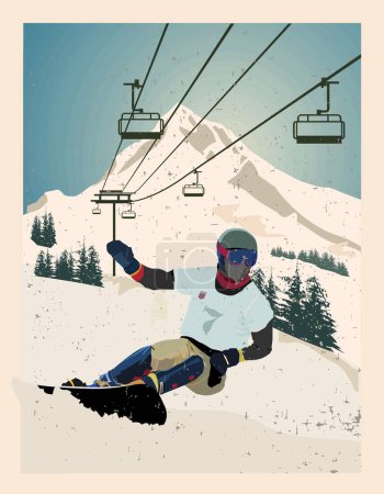 Illustration for Winter poster. An experienced snowboarder descends from a downhill mountain. Sports descent on a snowboard from the mountain. Vector illustration - Royalty Free Image