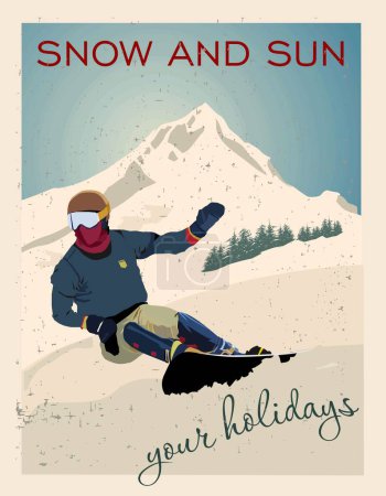 Illustration for Winter poster. An experienced snowboarder descends from a downhill mountain. Sports descent on a snowboard from the mountain. Vector illustration - Royalty Free Image