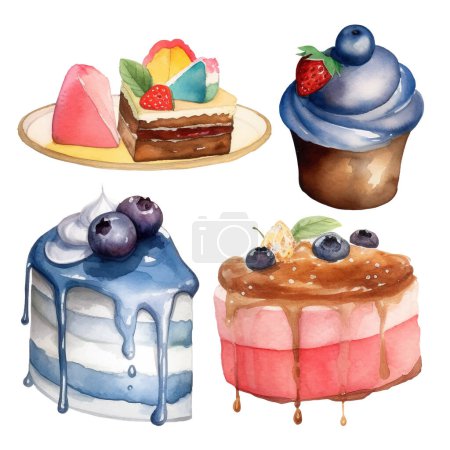 Ilustración de Ilustración de pasteles. Acuarela aislada Colección de coloridos y deliciosos postres - Imagen libre de derechos