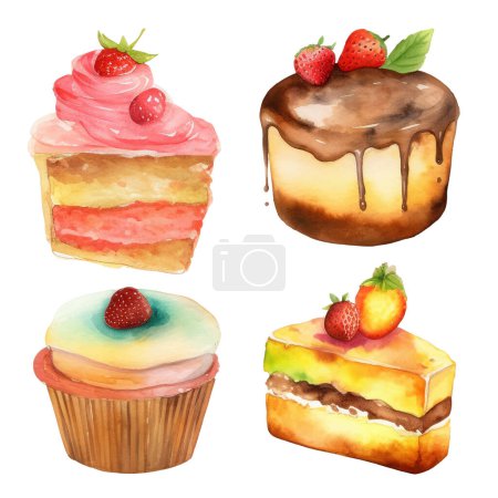 Ilustración de Ilustración de pasteles. Acuarela aislada Colección de coloridos y deliciosos postres - Imagen libre de derechos
