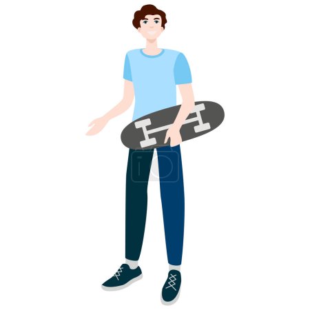 Ilustración de Adolescente feliz con un monopatín en la mano.Ilustración vectorial plana aislada sobre fondo blanco - Imagen libre de derechos