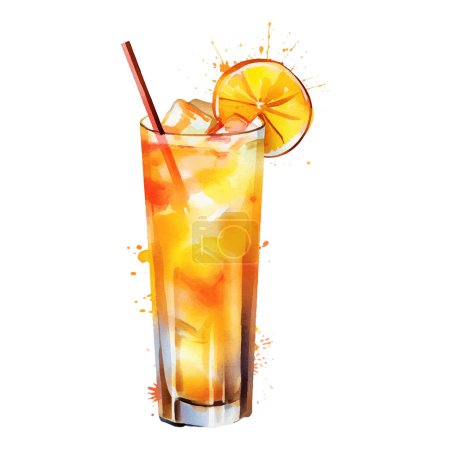 Boisson rafraîchissante avec illustration de glace et aquarelle orange. Illustration vectorielle dessinée à la main isolée sur fond blanc