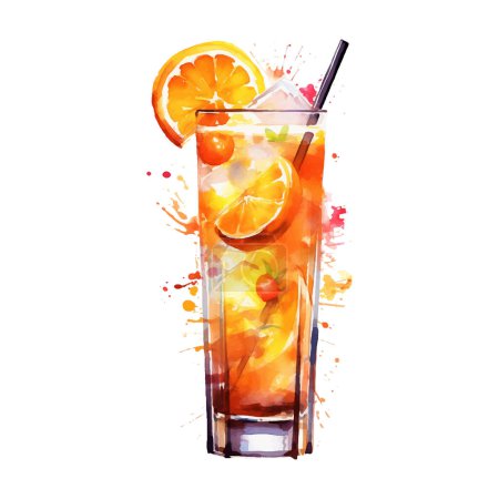 Refreshing Drink with Ice and Orange Watercolor illustration. Hand drawn vector illustration isolated on white background