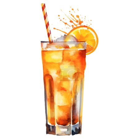 Refreshing Drink with Ice and Orange Watercolor illustration. Hand drawn vector illustration isolated on white background
