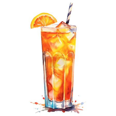 Refrescante bebida con hielo y naranja Acuarela ilustración. Ilustración vectorial dibujada a mano aislada sobre fondo blanco