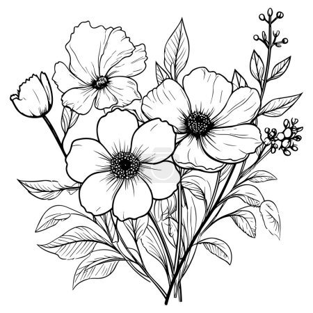 Foto de Flores línea arte vector ilustración conjunto aislado en blanco. Bosquejo de tinta negra flor. Diseño moderno minimalista dibujado a mano. - Imagen libre de derechos