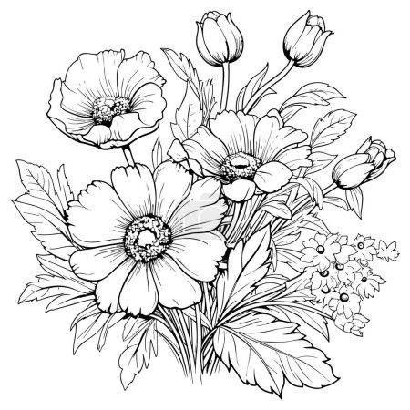 Foto de Poppies línea arte vector ilustración conjunto aislado en blanco. Bosquejo de tinta negra flor. Diseño moderno minimalista dibujado a mano. - Imagen libre de derechos