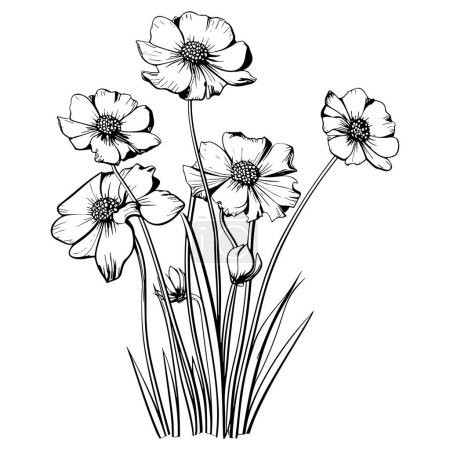 Foto de Flor línea arte vector ilustración conjunto aislado en blanco. Bosquejo de tinta negra flor. Diseño moderno minimalista dibujado a mano. - Imagen libre de derechos