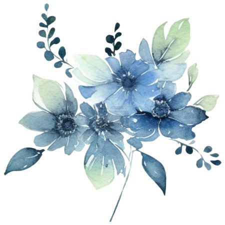 Téléchargez les illustrations : Illustration fleur aquarelle Illustration d'une fleur bleue et verte - en licence libre de droit