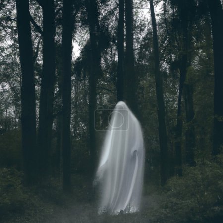 A ghostly vision in white robes roams between tree trunks. Ghost in the paranormal world. Horrible dream. Strange forest in a fog. Mystical atmosphere. Dark wood. Background wallpaper. Gloomy times