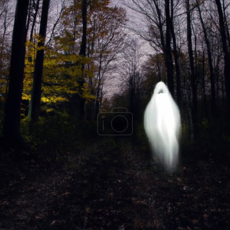 Una visión fantasmal en túnicas blancas deambula entre troncos de árboles. Fantasma en el mundo paranormal. Un sueño horrible. Extraño bosque en una niebla. Ambiente místico. Madera oscura. Fondo de pantalla. Tiempos sombríos
