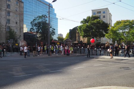 Photo for Belgrade, Serbia, 9.9.2023 Pride protest march entry point from Slavia Square towards King Milan Street. Start of The Pride march. Police cordon in the center of Belgrade. LGBT festival, Pride Park - Royalty Free Image