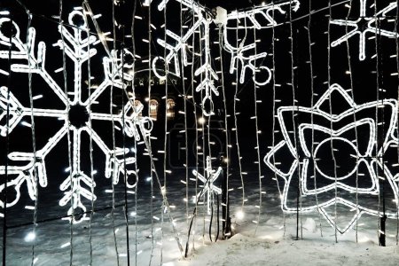 Foto de New Year Christmas illumination of city streets. Flashing, flickering, shining, gleaming of electric bulbs and lights. Beautiful garlands and architectural forms. LED energy-saving garlands. Snowflake - Imagen libre de derechos