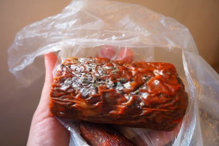 Raw smoked sausage became moldy while it was in a plastic bag. A mold or mould. The dust-like, colored appearance of molds is due to the formation of spores containing fungal secondary metabolites