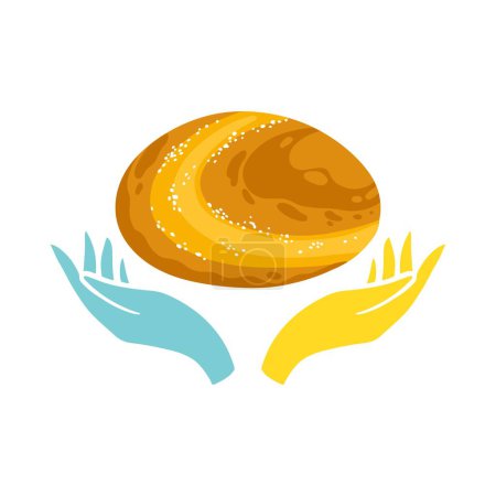Illustration for Palyanytsia Ukrainian bread in yellow-blue hands. Loaf with salt. Vector illustration in simple hand drawn style. Isolate on a white background in pastel colors - Royalty Free Image