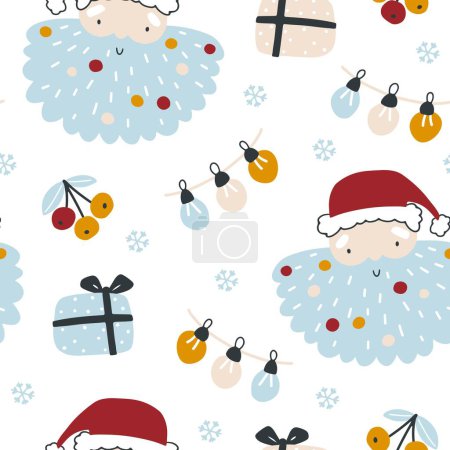 Téléchargez les illustrations : Modèle sans couture Santa avec le symbole de caractère traditionnel de Noël. Doodle vectoriel dessiné à la main dans un style simple scandinave dessin animé. La palette limitée est idéale pour l'impression de textiles et de papier d'emballage - en licence libre de droit