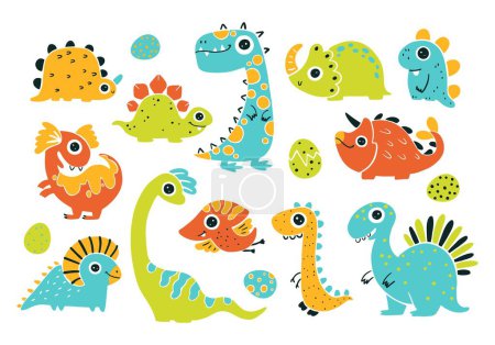 Téléchargez les illustrations : Ensemble bébé Dino. Une collection de dinosaures colorés mignons dans un style simple enfantin dessiné à la main. Caractères vectoriels isolés sur fond blanc. Palette limitée lumineuse - en licence libre de droit