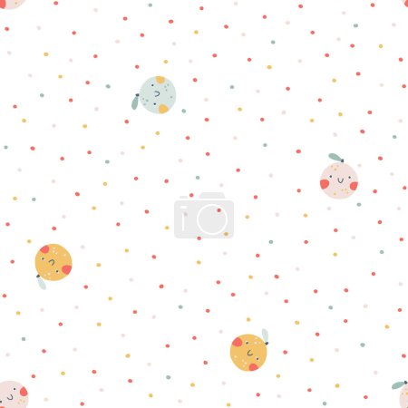 Peach, pink orange character seamless pattern with smiley face fruit on a polka dot background. Hand-drawn cartoon doodle in simple naive style. Vector illustrations in a pastel palette for kids