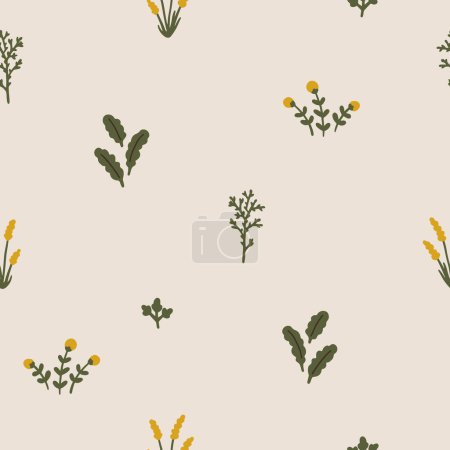 Illustration for Natural seamless vector pattern with farm herbs flowers. Simple cartoon doodle hand drawn scandinavian style. Earthy organic palette on a craft background. Trendy illustration - Royalty Free Image