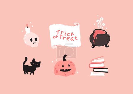 Illustration for Halloween pink mini set. Hand-drawn cartoon illustration of magical elements in a simple naive style. Pastel limited palette for kids print - Royalty Free Image