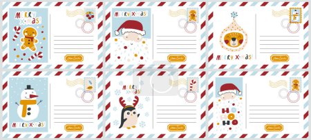 Illustration for Christmas vintage postcards banners collection. Merry Christmas lettering. Funny cute characters and decor in a simple hand-drawn modern childish style. Vector illustration in limited trend palette - Royalty Free Image