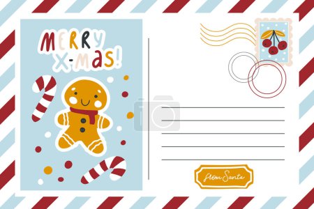 Illustration for Christmas vintage postcard banner with gingerbread man. Striped border, place for text and mail stamp. Lettering. Funny character in a simple hand-drawn childish style. Vector illustration - Royalty Free Image