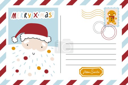 Illustration for Christmas vintage postcard banner with Santa Claus. Striped border, place for text and mail stamp. Merry Christmas lettering. Funny character in a simple hand-drawn childish style. Vector illustration - Royalty Free Image