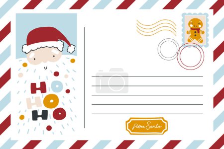 Illustration for Christmas vintage postcard banner with Santa Claus. Striped border, place for text and mail stamp. Lettering Ho ho ho. Funny character in a simple hand-drawn childish style. Vector illustration - Royalty Free Image
