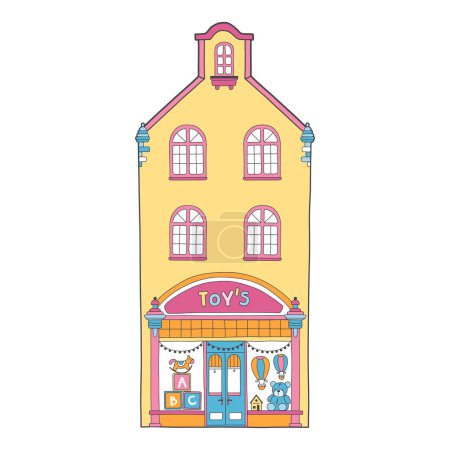 Téléchargez les illustrations : Maison européenne. Mignon bâtiment hollandais avec un magasin de jouets au rez-de-chaussée. Illustration vectorielle colorée dans un style scandinave enfantin dessiné à la main. Isoler sur fond blanc - en licence libre de droit