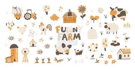 Farm cartoon collection. Vector hand-drawn characters of domestic animals, countryside, houses and sheds with tractor and garden. Trendy doodle Scandinavian style, beige gender neutral palette