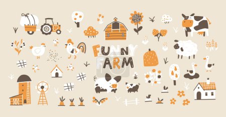 Farm cartoon collection. Vector hand-drawn characters of domestic animals, countryside, houses and sheds with tractor and garden. Trendy doodle Scandinavian style, beige gender neutral palette