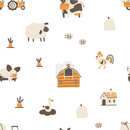 Farm cartoon seamless pattern. Vector funny hand-drawn characters of domestic animals, countryside, houses and sheds with tractor and garden. Trendy doodle Scandinavian style, beige neutral palette