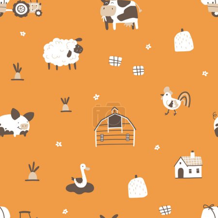 Farm cartoon seamless pattern. Vector funny hand-drawn characters of domestic animals, countryside, houses and sheds with tractor and garden. Trendy doodle Scandinavian style, beige neutral palette