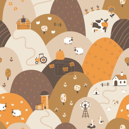 Cartoon farm on the hills seamless pattern. Vector cute illustration of rural characters, houses and plants. Trendy doodle Scandinavian style, beige neutral palette. Ideal for textiles, wallpaper