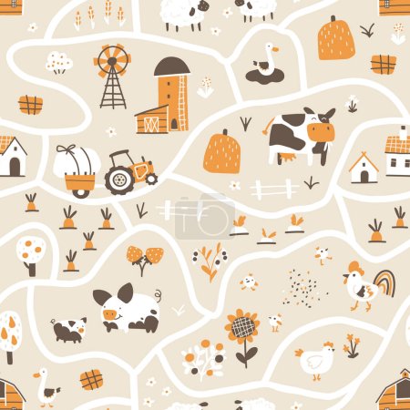 Mapa de la granja patrón sin costuras. Vector dibujado a mano con personajes divertidos de mascotas, casas y graneros con tractor y jardín. Doodle de moda estilo escandinavo, paleta neutra beige