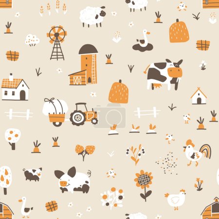Farm cartoon seamless pattern. Vector funny hand-drawn characters of domestic animals, countryside, houses and sheds with tractor garden. Trendy doodle Scandinavian style, beige gender neutral palette