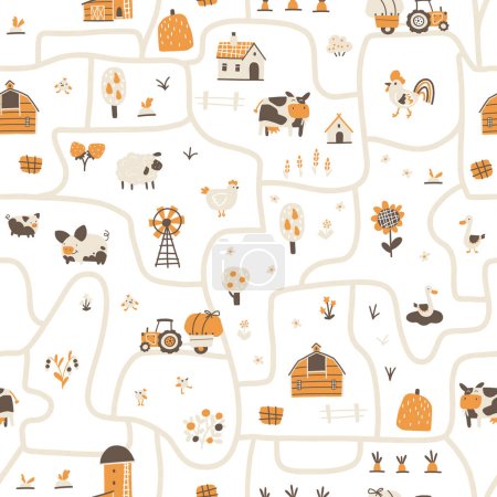Farm map seamless pattern. Vector hand-drawn road with funny characters of pets, houses and barns with tractor and garden. Trendy doodle Scandinavian style, beige neutral palette