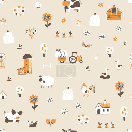 Farm Cartoon nahtlose Muster. Vektor lustige handgezeichnete Figuren von Haustieren, Land, Häusern und Schuppen mit Traktorgarten. Trendiges Doodle im skandinavischen Stil, beige geschlechtsneutrale Palette
