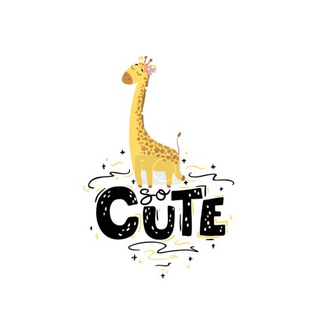 Illustration for Cute nursery poster, card with giraffe in simple hand-drawing cartoon style. Colorful Vector Illustration. Lettering - Royalty Free Image