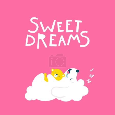 Illustration for Cute dog sleeps with a toy teddy bear. Friendly Greeting Card - Sweet Dreams. Vector illustration of a white animal on a pink background in simple cartoon hand-drawn style. - Royalty Free Image
