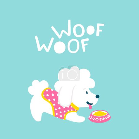 Cute dog with his bowl of food. Friendly Greeting Card - Woof Woof. Vector illustration of a white animal on a blue background in simple cartoon hand-drawn style.