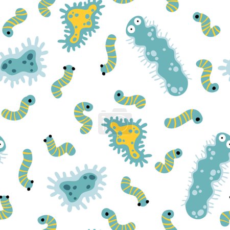 Fantásticos organismos unicelulares y gusanos patrón sin costura. Divertida ilustración vectorial en estilo escandinavo de dibujos animados. Diseño infantil para ropa de bebé, ropa de cama, textiles, arte de la pared del vivero y tarjeta.