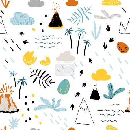 Illustration for Tropical Jurassic landscape seamless pattern with mountains, volcanoes, palm, clouds, dino eggs and footprints. Cute Baby Vector Illustration in Scandinavian style. Childish background for fabric. - Royalty Free Image